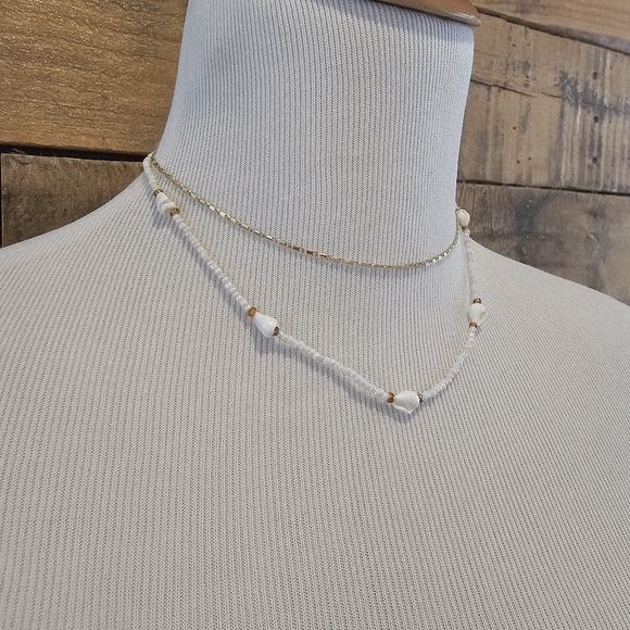 Layered Goldtone Chain, White Shell & Seed Bead Necklace - Picture 3 of 7